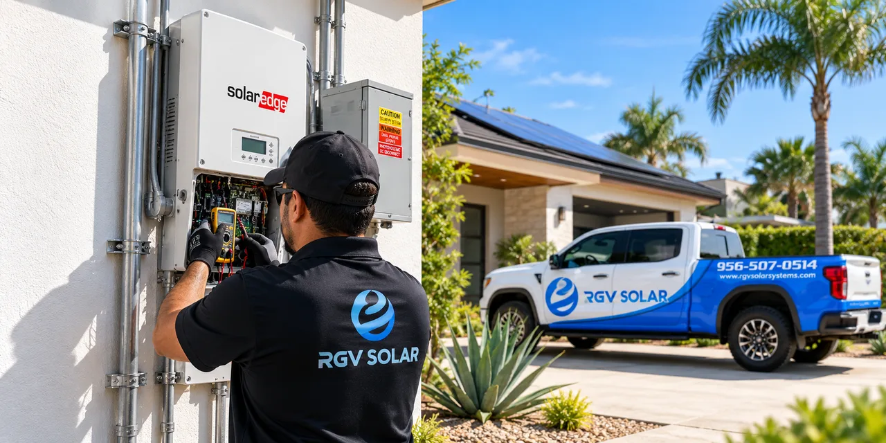 RGV Solar technician testing a SolarEdge inverter with the RGV Solar service truck in the driveway