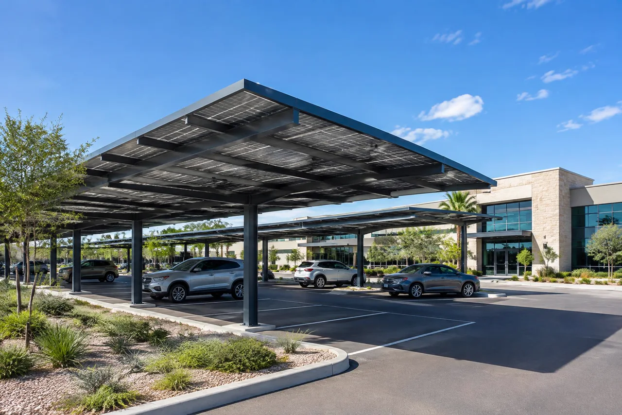 Illustrative commercial solar carport in South Texas