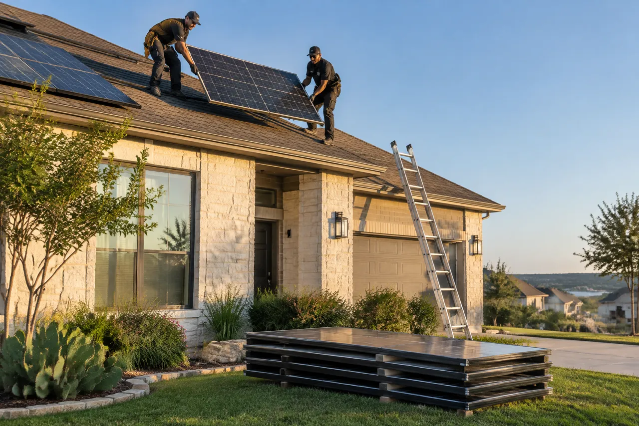Illustrative crew detaching solar panels before roof work