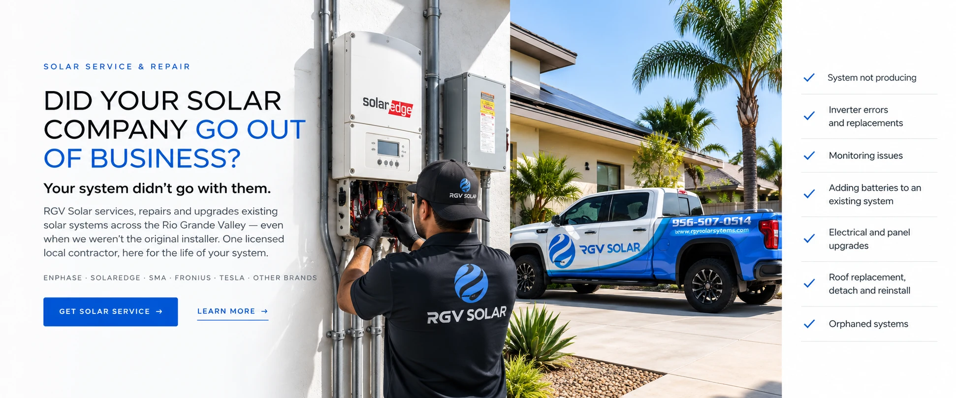 RGV Solar technician servicing a SolarEdge inverter with the RGV Solar service truck outside a solar home